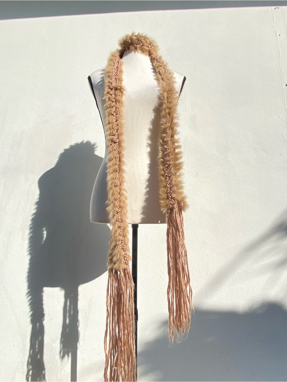 Y2K Camel Tan Knit Rabbit Fur Long Fringe Scarf